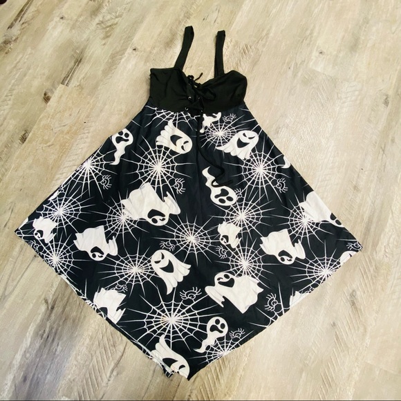 Halloween Ghost Print Lace Up Cami Asymmetrical Dress Medium - Picture 7 of 14